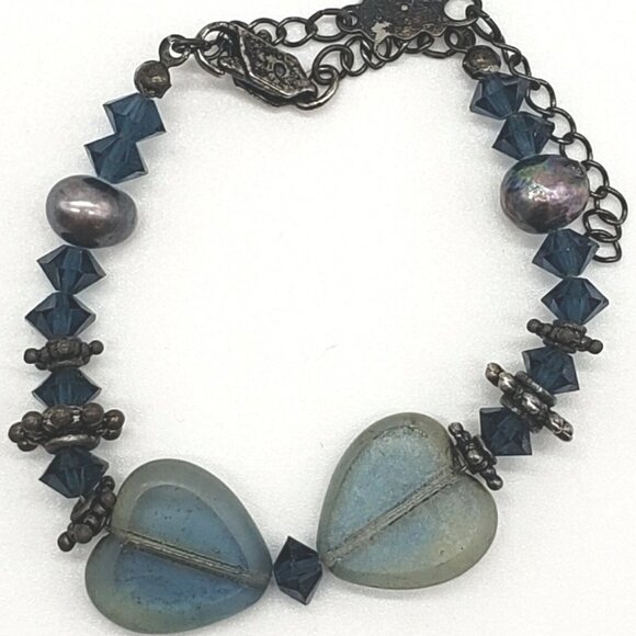 Bellagio Blue Tone Beaded Bracelet With Floral Accented Beads - Picture 1 of 5